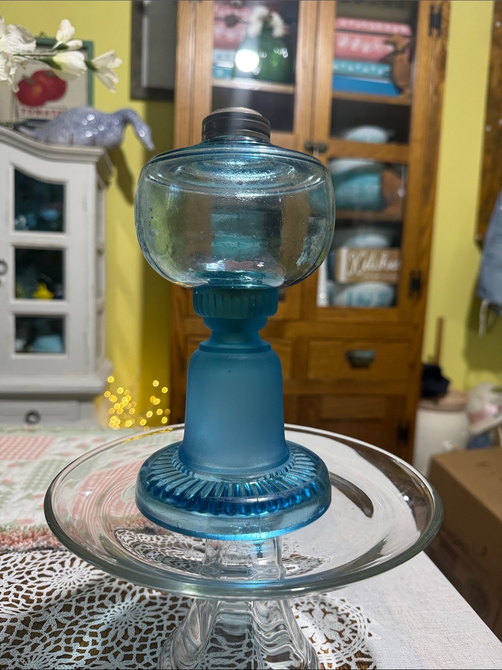 Antique frosted blue glass oil lamp base RARE